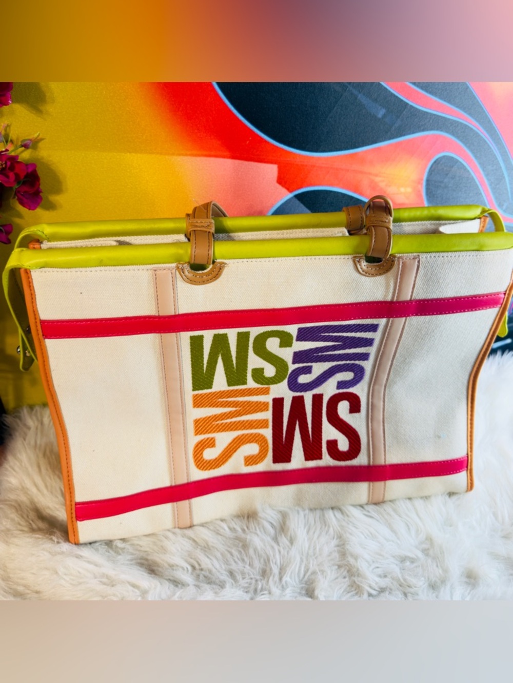 Steve Madden Cream Tote with Pink, Orange, and Purple Accents. (TXABIN) - Picture 3 of 6
